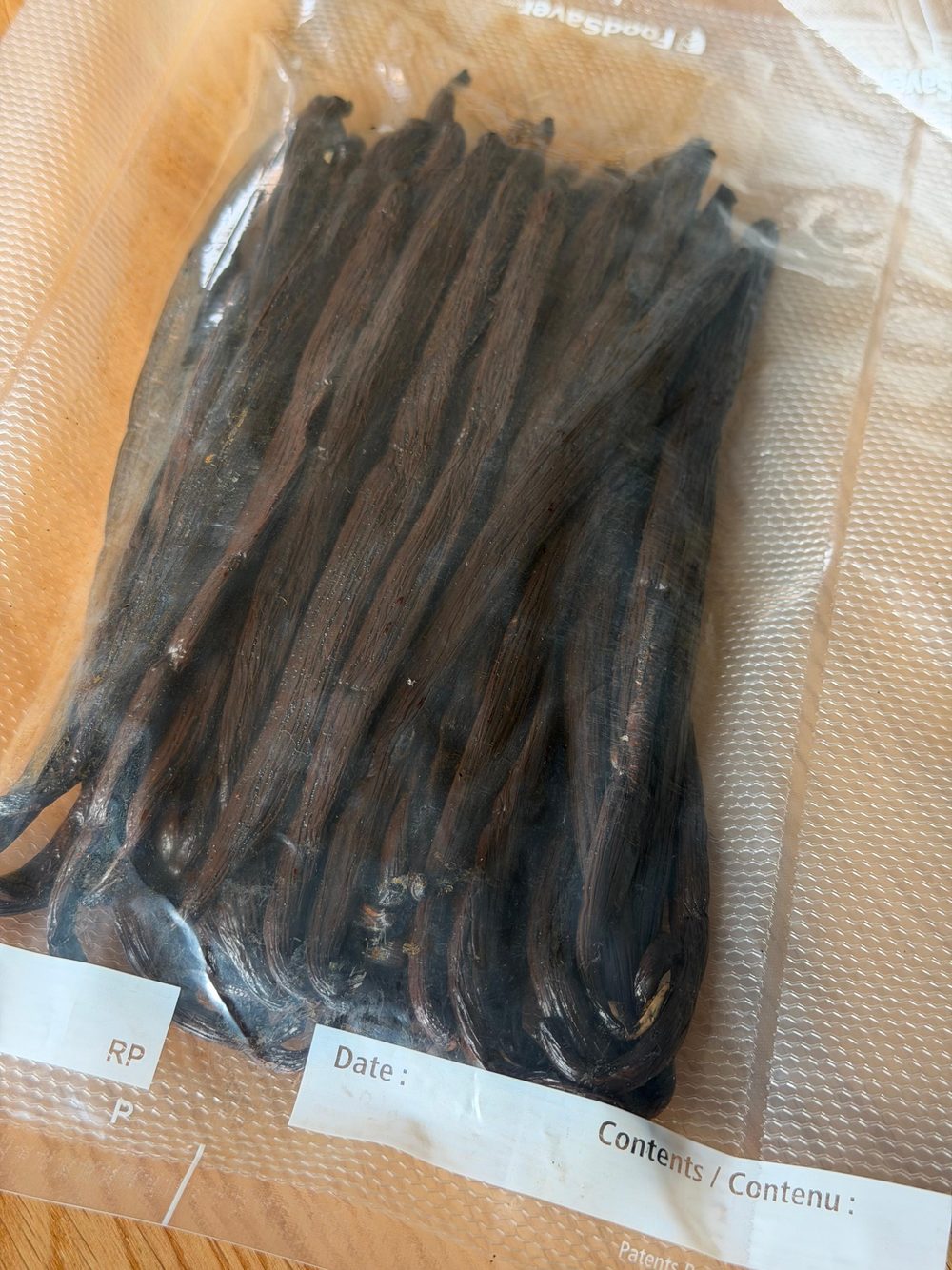 Vanilla pods sealed airtight in the pouch they arrive in